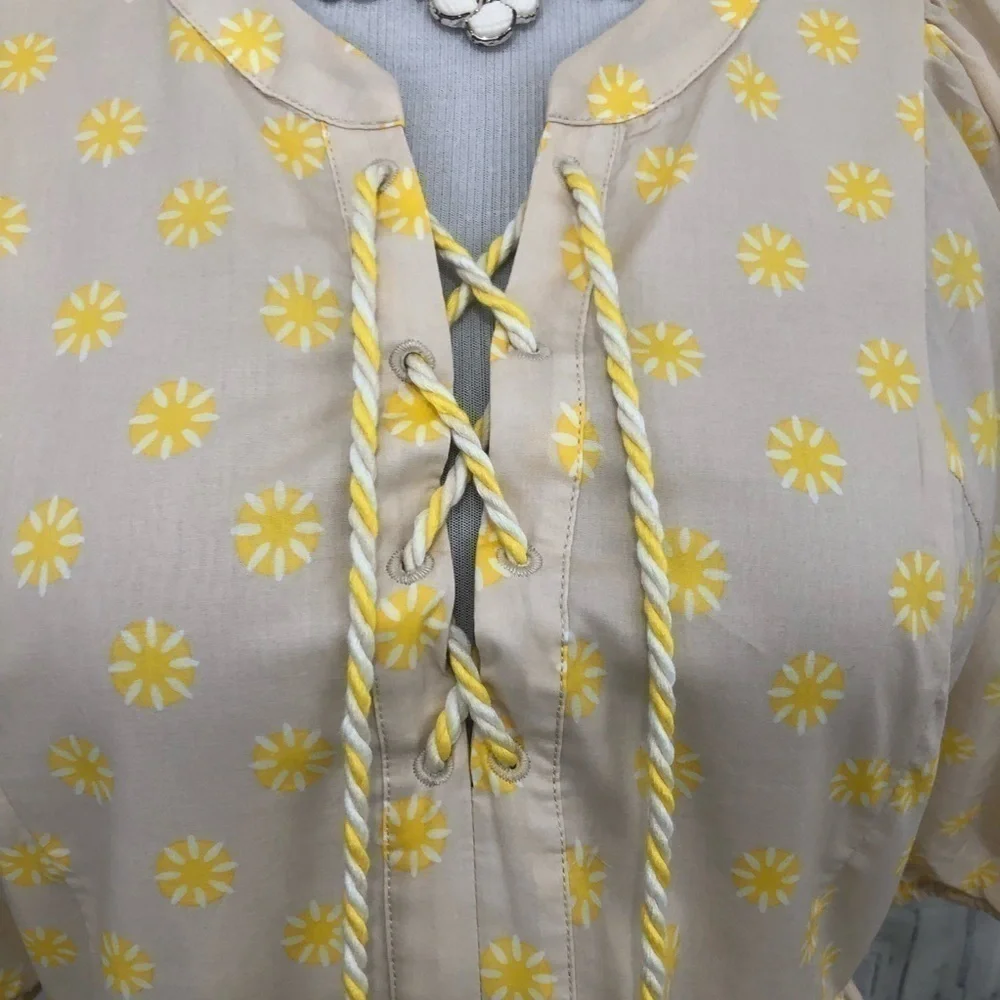 Chelsea & Violet Large Dress Yellow Floral Cotton Short Sleeve Tassels V Neck - Picture 3 of 11